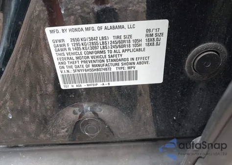 2017 Honda Pilot Exl z USA, uszkodzony, nr VIN 5FNYF6H55HB074872